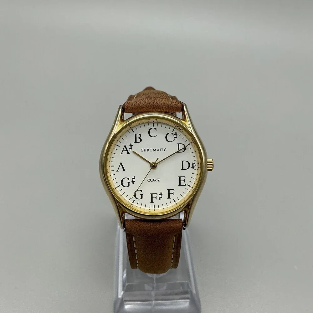 Chromatic Womens Watch 33mm Musical Note Dial Leather Gold Tone New Battery